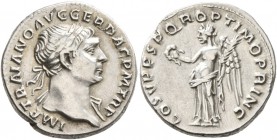 Trajan, 98-117. Denarius (Silver, 18 mm, 3.23 g, 7 h), Rome, 107-111. IMP TRAIANO AVG GER DAC P M TR P Laureate head of Trajan to right, with slight d...