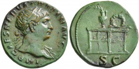 Trajan, 98-117. Bronze (Copper, 18 mm, 2.84 g, 7 h), Rome, circa 107-108. IMP CAES NERVA TRAIAN AVG Laureate head of Trajan to right, slight drapery o...