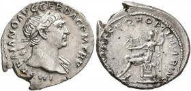 Trajan, 98-117. Denarius (Silver, 20 mm, 3.36 g, 6 h), Rome, 108-109. IMP TRAIANO AVG GER DAC P M TR P Laureate head of Trajan to right, drapery on le...