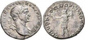 Trajan, 98-117. Denarius (Silver, 19 mm, 3.22 g, 7 h), Rome, 103-111. IMP TRAIANO AVG GER DAC P M TR P Laureate bust of Trajan to right, slight draper...
