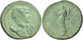 Trajan, 98-117. Sestertius (Orichalcum, 34 mm, 25.80 g, 6 h), Rome, 114-116. IMP CAES NER TRAIANO OPTIMO AVG GER DAC P M TR P COS VI P P Laureate bust...