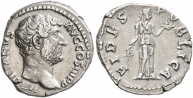 Hadrian, 117-138. Denarius (Silver, 18 mm, 3.56 g, 7 h), Rome, 134-138. HADRIANVS AVG COS III P P Bare head of Hadrian to right. Rev. FIDES PVBLICA Fi...