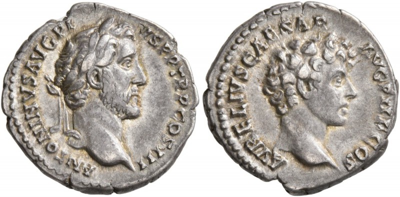 Antoninus Pius, with Marcus Aurelius as Caesar, 138-161. Denarius (Silver, 18 mm...