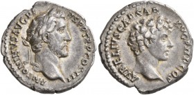 Antoninus Pius, with Marcus Aurelius as Caesar, 138-161. Denarius (Silver, 18 mm, 3.26 g, 6 h), Rome, 140. ANTONINVS AVG PIVS P P TR P COS III Laureat...