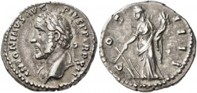 Antoninus Pius, 138-161. Denarius (Silver, 18 mm, 3.43 g, 12 h), Rome, 148-149. ANTONINVS AVG PIVS P P TR P XII Laureate head of Antoninus Pius to lef...