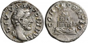 Divus Antoninus Pius, died 161. Denarius (Silver, 18 mm, 2.96 g, 6 h), Rome, struck under Marcus Aurelius, 161. DIVVS ANTONINVS Bare head of Antoninus...