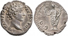 Marcus Aurelius, as Caesar, 139-161. Denarius (Silver, 18 mm, 3.05 g, 7 h), Rome, 145-147. AVRELIVS CAESAR AVG PII F Bare head of Marcus Aurelius to r...