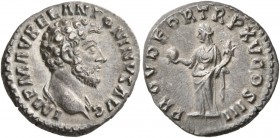 Marcus Aurelius, 161-180. Denarius (Silver, 17 mm, 3.24 g, 12 h), Rome, 161. IMP M AVREL ANTONINVS AVG Bare-headed bust of Marcus Aurelius to right; s...