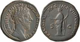 Marcus Aurelius, 161-180. Sestertius (Orichalcum, 31 mm, 21.42 g, 11 h), Rome, 177-178. M AVREL ANTONINVS AVG TR P XXXII Laureate head of Marcus Aurel...