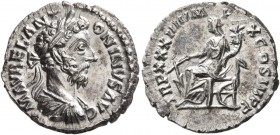 Marcus Aurelius, 161-180. Denarius (Silver, 18 mm, 3.00 g, 12 h), Rome, 180. M AVREL ANTONINVS AVG Laureate, draped and cuirassed bust of Marcus Aurel...