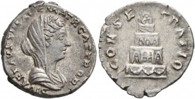 Diva Faustina Junior, died 175/6. Denarius (Silver, 19 mm, 3.26 g, 6 h), Rome, 176-180. DIVAE FAVSTIN AVG MATR CASTOR Veiled and draped bust of Fausti...