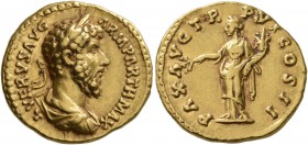 Lucius Verus, 161-169. Aureus (Gold, 20 mm, 7.22 g, 6 h), Rome, 166. L VERVS AVG ARM PARTH MAX Laureate, draped and cuirassed bust of Lucius Verus to ...