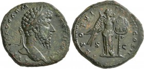 Lucius Verus, 161-169. Sestertius (Orichalcum, 33 mm, 26.80 g, 5 h), Rome, 166. L VERVS AVG ARM PARTH MAX Laureate head of Lucius Verus to right. Rev....