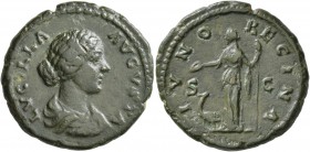 Lucilla, Augusta, 164-182. As (Copper, 17 mm, 10.40 g, 12 h), Rome, 164. LVCILLA AVGVSTA Draped bust of Lucilla to right. Rev. IVNO REGINA / S - C Jun...
