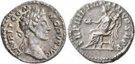 Commodus, 177-192. Denarius (Silver, 18 mm, 3.48 g, 6 h), Rome, 179. L AVREL COMMODVS AVG Laureate head of Commodus to right. Rev. TR P IIII IMP III C...