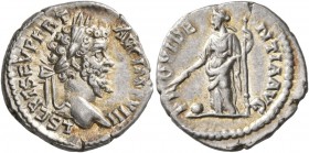 Septimius Severus, 193-211. Denarius (Silver, 19 mm, 3.22 g, 5 h), Laodicea, 196-197. L SEPT SEV PERT AVG IMP VIII Laureate head of Septimius Severus ...