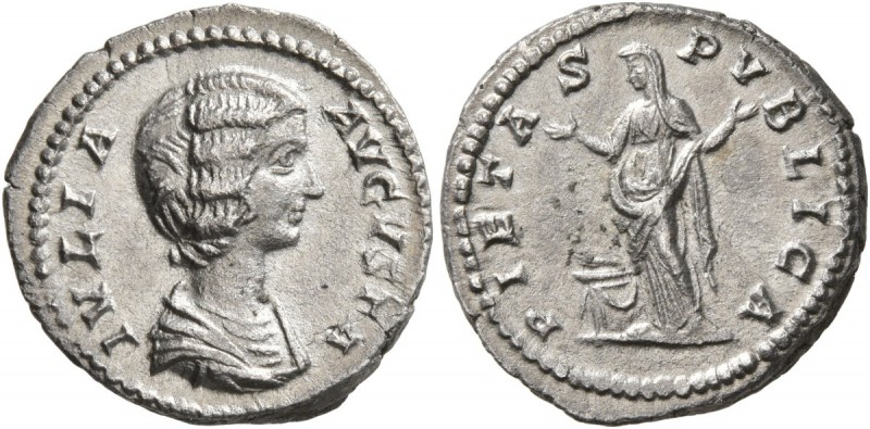 Julia Domna, Augusta, 193-217. Denarius (Silver, 19 mm, 3.00 g, 12 h), Rome, 196...