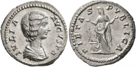Julia Domna, Augusta, 193-217. Denarius (Silver, 19 mm, 3.00 g, 12 h), Rome, 196-211. IVLIA AVGVSTA Draped bust of Julia Domna to right. Rev. PIETAS P...