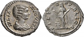Julia Domna, Augusta, 193-217. Denarius (Silver, 20 mm, 3.22 g, 12 h), Rome, 196-211. IVLIA AVGVSTA Draped bust of Julia Domna to right. Rev. PIETAS P...