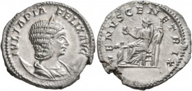 Julia Domna, Augusta, 193-217. Antoninianus (Silver, 23 mm, 4.95 g, 1 h), Rome, 216. IVLIA PIA FELIX AVG Draped bust of Julia Domna on crescent to rig...