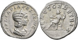 Julia Domna, Augusta, 193-217. Antoninianus (Silver, 22 mm, 5.23 g, 1 h), Rome, 217. IVLIA PIA FELIX AVG Draped bust of Julia Domna set on crescent to...