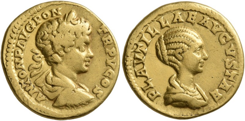 Caracalla, with Plautilla, 202-205. Aureus (Gold, 19 mm, 6.95 g, 5 h), Rome, 202...