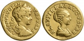 Caracalla, with Plautilla, 202-205. Aureus (Gold, 19 mm, 6.95 g, 5 h), Rome, 202. ANTON P AVG PON TR P V COS Laureate, draped and cuirassed bust of Ca...