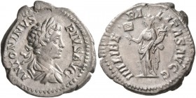 Caracalla, 198-217. Denarius (Silver, 19 mm, 3.44 g, 12 h), Rome, 201-206. ANTONINVS PIVS AVG Laureate and draped bust of Caracalla to right, seen fro...