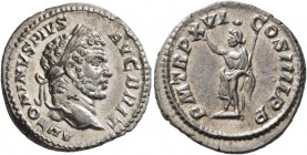 Caracalla, 198-217. Denarius (Silver, 19 mm, 3.15 g, 11 h), Rome, 213. ANTONINVS PIVS AVG BRIT Laureate head of Caracalla to right. Rev. P M TR P XVI ...