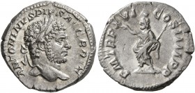 Caracalla, 198-217. Denarius (Silver, 19 mm, 3.46 g, 7 h), Rome, 213. ANTONINVS PIVS AVG BRIT Laureate head of Caracalla to right. Rev. P M TR P XVI C...