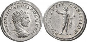 Caracalla, 198-217. Antoninianus (Silver, 23 mm, 5.27 g, 7 h), Rome, 215. ANTONINVS PIVS AVG GERM Radiate and cuirassed bust of Caracalla to right, se...