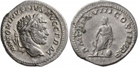 Caracalla, 198-217. Denarius (Silver, 19 mm, 3.48 g, 7 h), Rome, 215. ANTONINVS PIVS AVG GERM Laureate head of Caracalla to right. Rev. P M TR P XVIII...