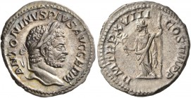 Caracalla, 198-217. Denarius (Silver, 20 mm, 3.43 g, 6 h), Rome, 215. ANTONINVS PIVS AVG GERM Laureate head of Caracalla to right. Rev. P M TR P XVIII...