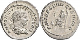 Caracalla, 198-217. Antoninianus (Silver, 23 mm, 5.05 g, 11 h), Rome, 216. ANTONINVS PIVS AVG GERM Radiate and draped bust of Caracalla to right, seen...