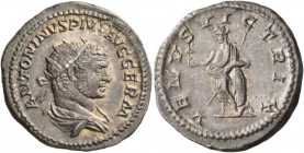 Caracalla, 198-217. Antoninianus (Silver, 23 mm, 4.40 g, 6 h), Rome, 215-217. ANTONINVS PIVS AVG GERM Radiate and draped bust of Caracalla to right, s...