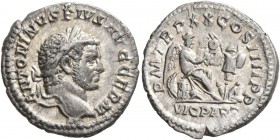 Caracalla, 198-217. Denarius (Silver, 18 mm, 3.29 g, 8 h), Rome, 217. ANTONINVS PIVS AVG GERM Laureate head of Caracalla to right. Rev. P M TR P XX CO...