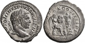 Caracalla, 198-217. Denarius (Silver, 19 mm, 1.81 g, 6 h), Rome, 217. ANTONINVS PIVS AVG GERM Laureate head of Caracalla to right. Rev. P M TR P XX CO...