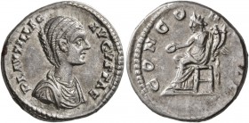 Plautilla, Augusta, 202-205. Denarius (Silver, 20 mm, 3.37 g, 12 h), Laodicea. PLAVTILLA AVGVSTAE Draped bust of Plautilla to right. Rev. CONCOR[DIA] ...