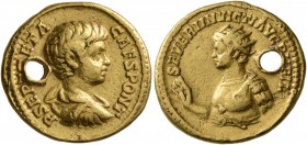 Geta, with Caracalla, as Caesar, 198-209. Aureus (Gold, 20 mm, 7.14 g, 1 h), Rome, 200. P SEPT GETA CAES PONT Bare-headed, draped and cuirassed bust o...