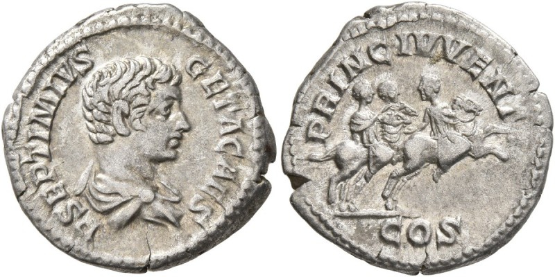 Geta, as Caesar, 198-209. Denarius (Silver, 18 mm, 3.33 g, 12 h), Rome, 203-208....