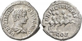 Geta, as Caesar, 198-209. Denarius (Silver, 18 mm, 3.33 g, 12 h), Rome, 203-208. P SEPTIMIVS GETA CAES Bare and draped bust of Geta to right. Rev. PRI...