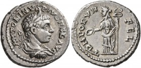 Elagabalus, 218-222. Denarius (Silver, 20 mm, 3.54 g, 6 h), Antioch, 218-219. ANTONINVS PIVS FEL AVG Laureate, draped and cuirassed bust of Elagabalus...