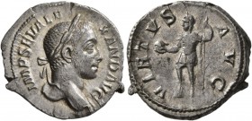 Severus Alexander, 222-235. Denarius (Silver, 20 mm, 3.35 g, 12 h), Rome, 230. IMP SEV ALEXAND AVG Laureate head of Septimius Severus to right. Rev. V...