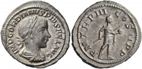 Gordian III, 238-244. Denarius (Silver, 20 mm, 3.42 g, 12 h), Rome, 241. IMP GORDIANVS PIVS FEL AVG Laureate, draped and cuirassed bust of Gordian III...