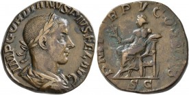 Gordian III, 238-244. Sestertius (Orichalcum, 28 mm, 19.12 g, 11 h), Rome, 243. IMP GORDIANVS PIVS FEL AVG Laureate, draped and cuirassed bust of Gord...
