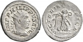Philip I, 244-249. Antoninianus (Silver, 24 mm, 4.84 g, 6 h), Rome, 247. IMP PHILIPPVS AVG Radiate, draped and cuirassed bust of Philip I to right, se...