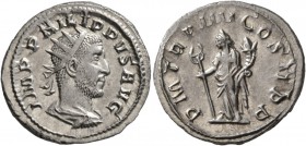 Philip I, 244-249. Antoninianus (Silver, 23 mm, 4.13 g, 1 h), Rome, 247. IMP PHILIPPVS AVG Radiate, draped and cuirassed bust of Philip I to right. Re...