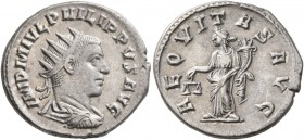 Philip II, 247-249. Antoninianus (Silver, 21 mm, 4.20 g, 5 h), Antioch, 247. IMP M IVL PHILIPPVS AVG Radiate, draped and cuirassed bust of Philip II t...