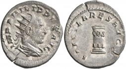 Philip I, 244-249. Antoninianus (Silver, 23 mm, 3.97 g, 6 h), Rome, 248. IMP PHILIPPVS AVG Radiate, draped and cuirassed bust of Philip to right, seen...