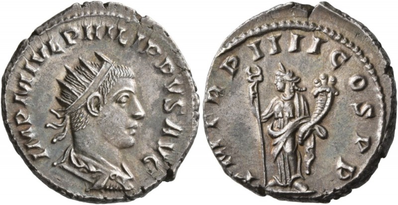 Philip II, 247-249. Antoninianus (Silver, 22 mm, 5.27 g, 7 h), Antioch, 247. IMP...